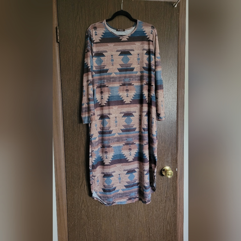 Cozy Long Sleeve Boho Patterned Bombom Midi Dress